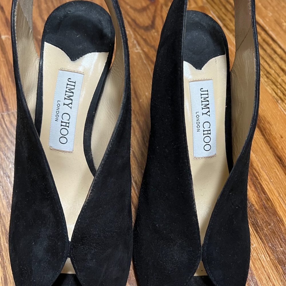 Jimmy Choo Black Shar Peep Toe Slingback Pump Suede 38  Sandals